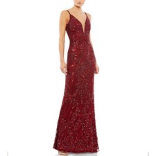 Mac Duggal 5107 Red Evening Gown Sequin Sleeveless V-Neck Column Dress Size 6