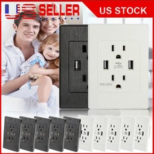 Dual USB Port Wall Socket Charger 15A AC Power Receptacle Outlet Plate Panel