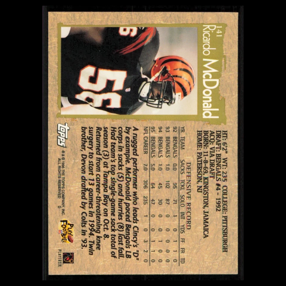 Ricardo McDonald #141 1996 Topps Cincinnati Bengals Football Card NFL NM - Image 2 of 3