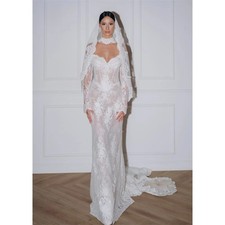 White Floral Lace Wedding Dresses Off Shoulder Long Sleeves Mermaid No Veil