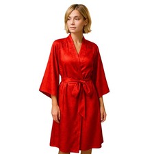 Vintage Val-Mode Red Satin Jacquard Kimono Robe Belted Lingerie Medium USA made