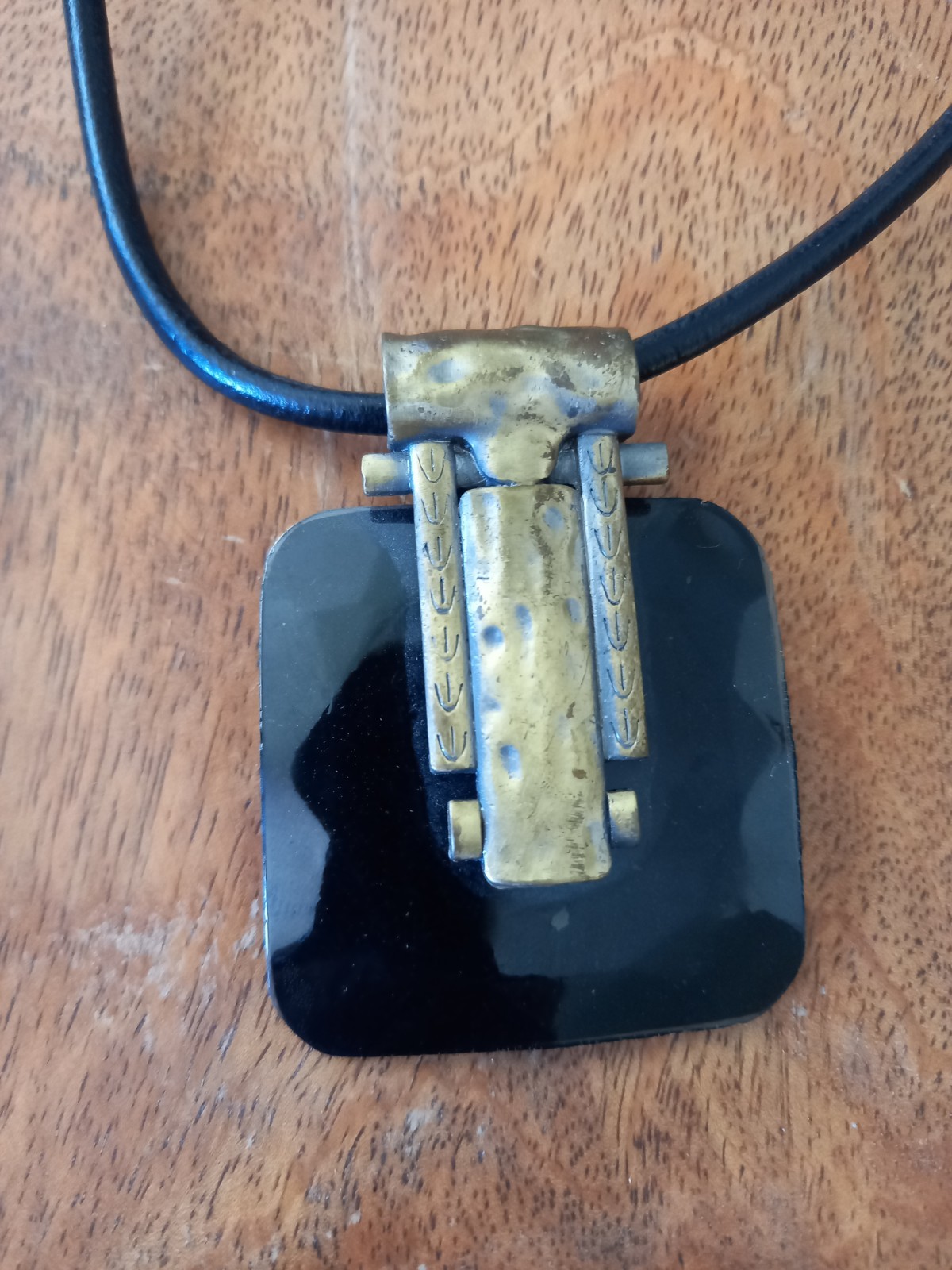 Solid Brass Black Resin Statement Necklace  Leath… - image 1