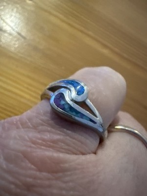 Blau Lila Opal Inlay Welle Ring Silber Unmarkiert Größe 8