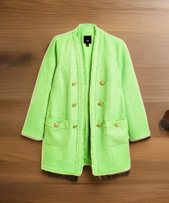 RIVER ISLAND Bright Green Tweed Boucle Open Front Button Detail