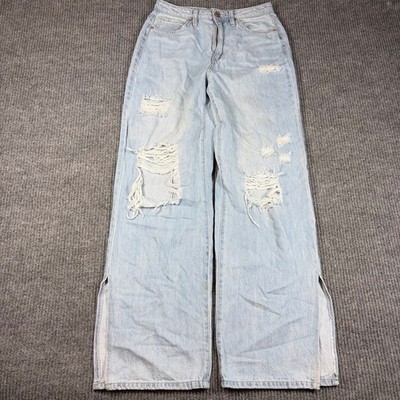 YMI Dream Jeans Womens 7/28 Denim Light Wash Distressed Wide Leg Side Slit