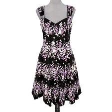 WHBM Dress Womens 6 Black Purple Floral Lined Cotton Stretch Fit n Flare Zip