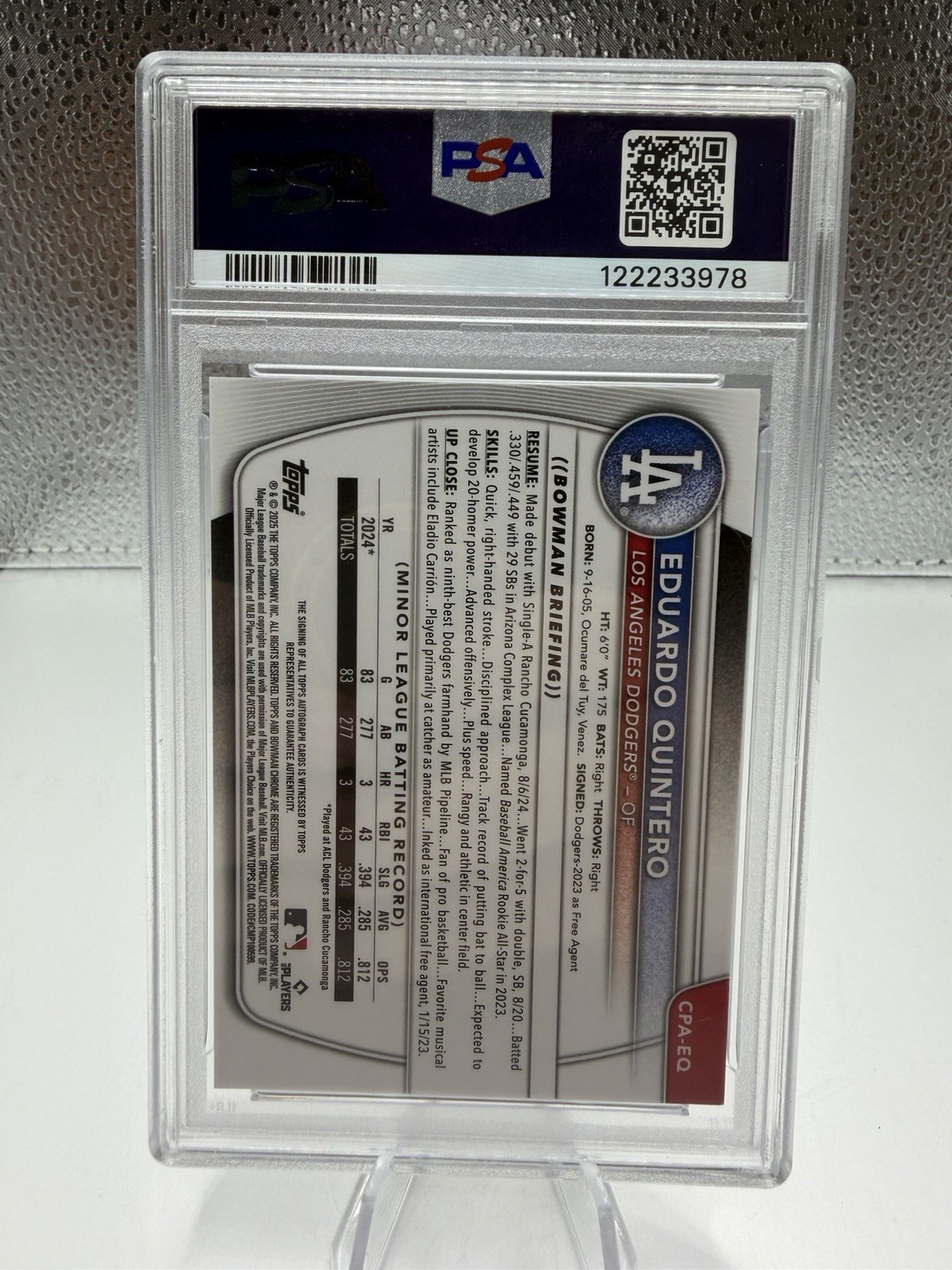 2025 Bowman Eduardo Quintero Purple Chrome Prospect Auto PSA 9 #19/250 view 2