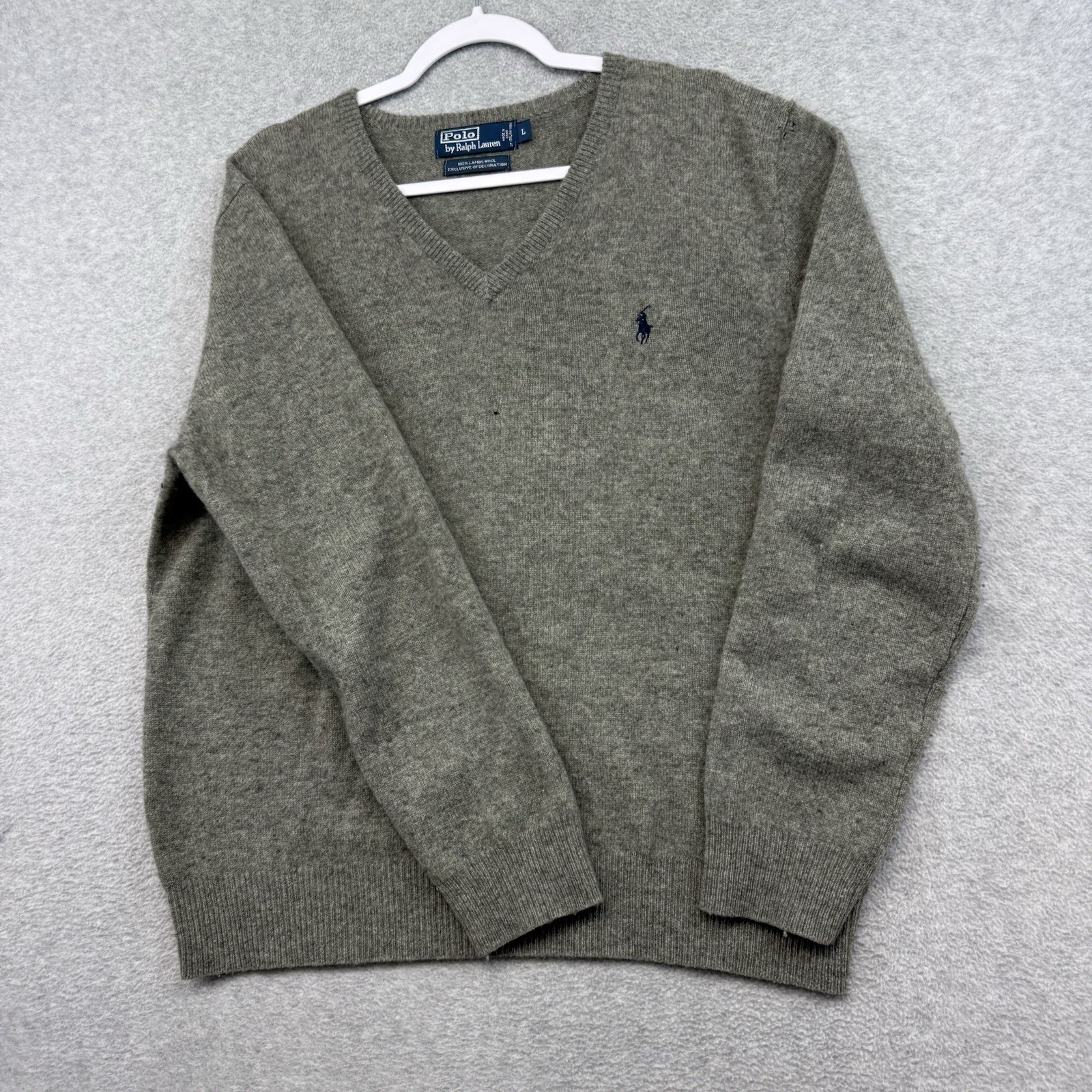 Polo Ralph Lauren Mens L V Neck Sweater Grey 100% Lambswool Italian Yarn Vintage