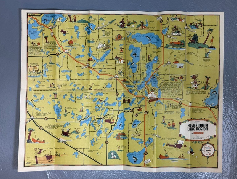 1939 ALEXANDRIA MINNESOTA Vintage PICTORIAL MAP Brochure Water Skiing
