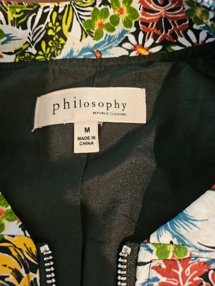 Philosophy Multicolor Floral Pattern Bomber Jacket Med Zip Up Pockets - Image 3 of 4