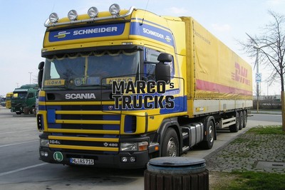 LKW Foto Scania 164L 480 Planensattelzug Deutschland gelb SCHNEIDER, DHL, #c9fd