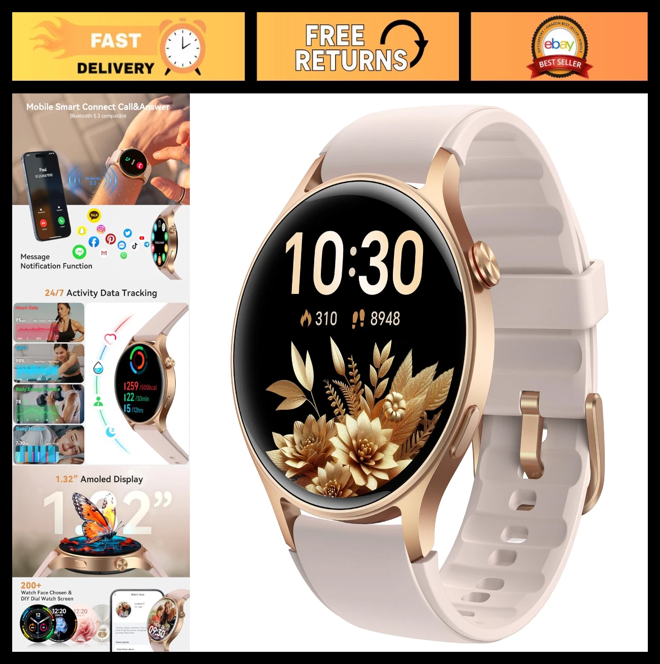 Fitness Tracker Smart Watch for Women - 1.32'' AMOLED, Heart Rate, Sleep, SpO2,