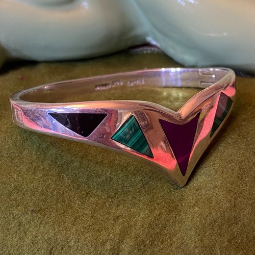 Mexican Taxco Silver 950 TN-42 Inlay Hinge Bracelet w Malachite, Onyx, Sugilite - Picture 3 of 11