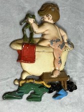 VINTAGE Sexton Cast Metal Child In Tub With Frog Wall Art Plaque 1970 USA 1215