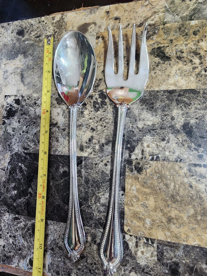 ✅️МЕЖДУНАРОДНАЯ СЕРЕБРЯНАЯ CO ВИНТАЖНАЯ ПОСЕРЕБРЕННАЯ БИСЕРОМ БОЛЬШАЯ СЕРВИРОВОЧНАЯ ЛОЖКА И НАБОР ВИЛОК - Изображение 4 из 4