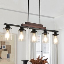 5 Light Farmhouse Wood Black Chandelier Ceiling Pendant With Glass Shade Fixture