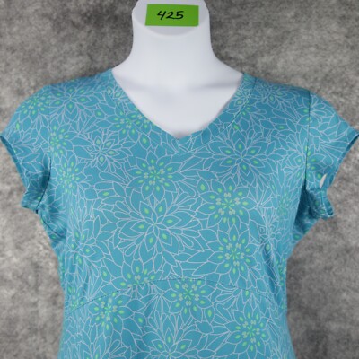 LL Bean Dress Women Medium Blue Floral Stretch V-Neck Pullover Zip Pocket Knit