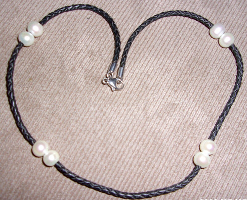 VINTAGE BRAIDED LEATHER FRESHWATER PEARL NECKLACE HONORA CHOKER 17.5" GROSSBARDT