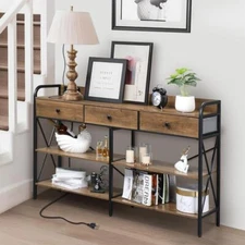 Console Table Narrow Sofa Industrial Entryway with USB Power Outlet 3 Drawers