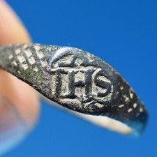 ANILLO JESUITA IHS 1600 ENCONTRADO † ANILLO DE BRONCE ANTIGUO SIGLO XVII TIPO OMEGA †