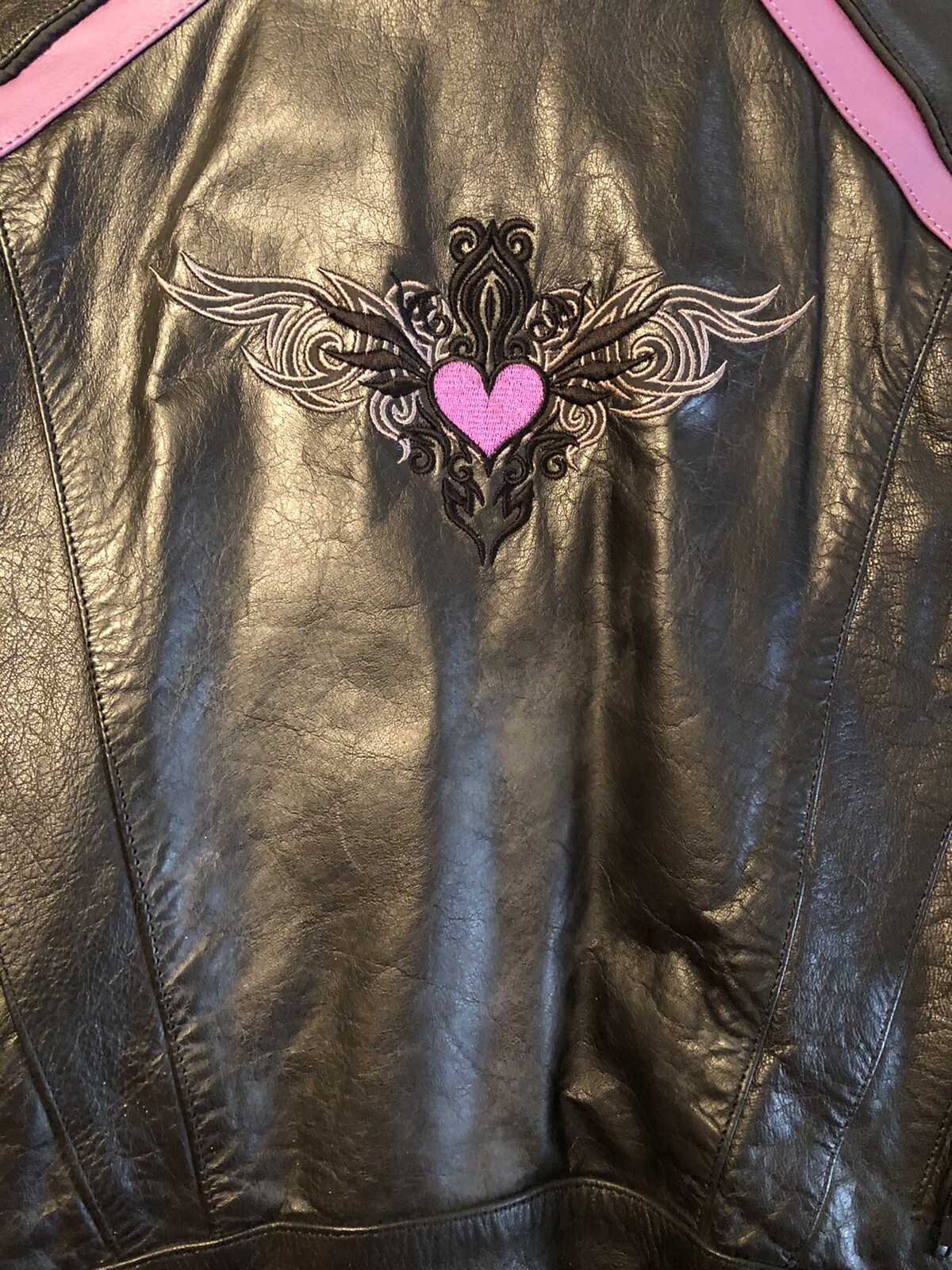 Ladies Leather Motorcycle Jacket with Heart Embroider… Gem