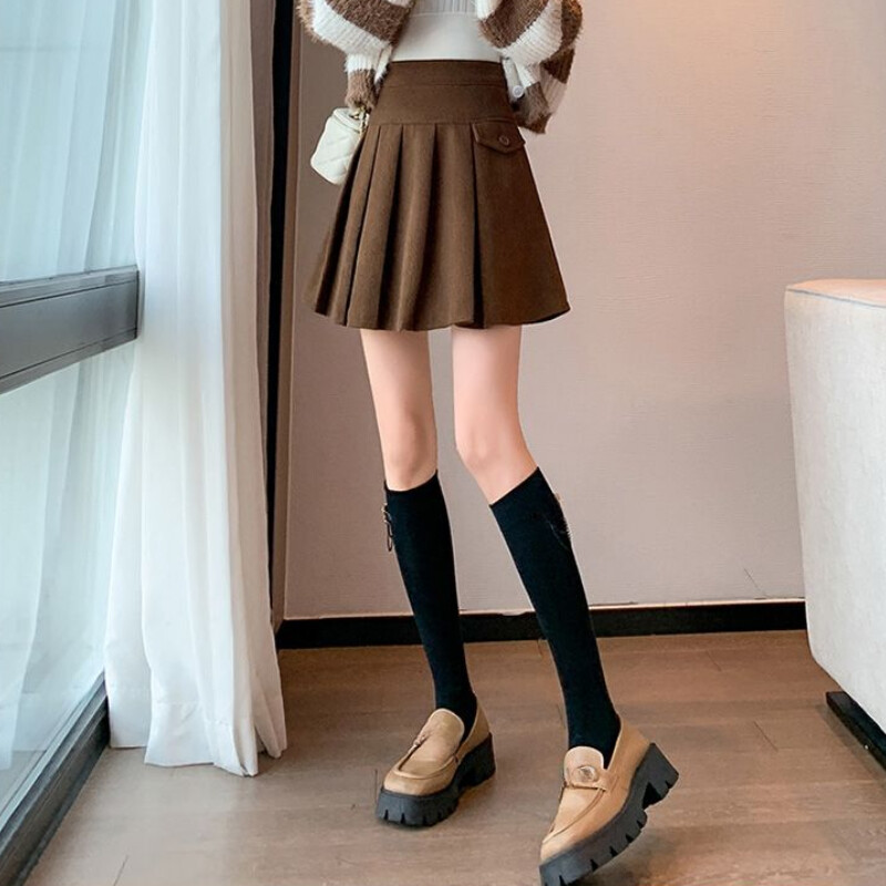 Lady High-Waist A-line Mini Skirt Corduroy Pleated Short Skirt