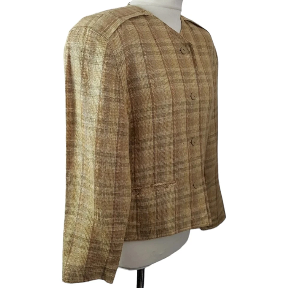 Vintage Escada Womens Luxurious Linen Silk Blend Check Jacket Brown Mix Size 38 - Image 3 of 4
