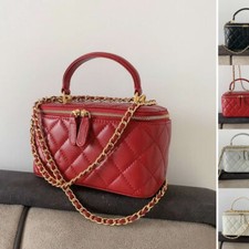 Quilted Lambskin Leather Vanity Case Chain Box Shoulder Bag Clutch Tote Purse