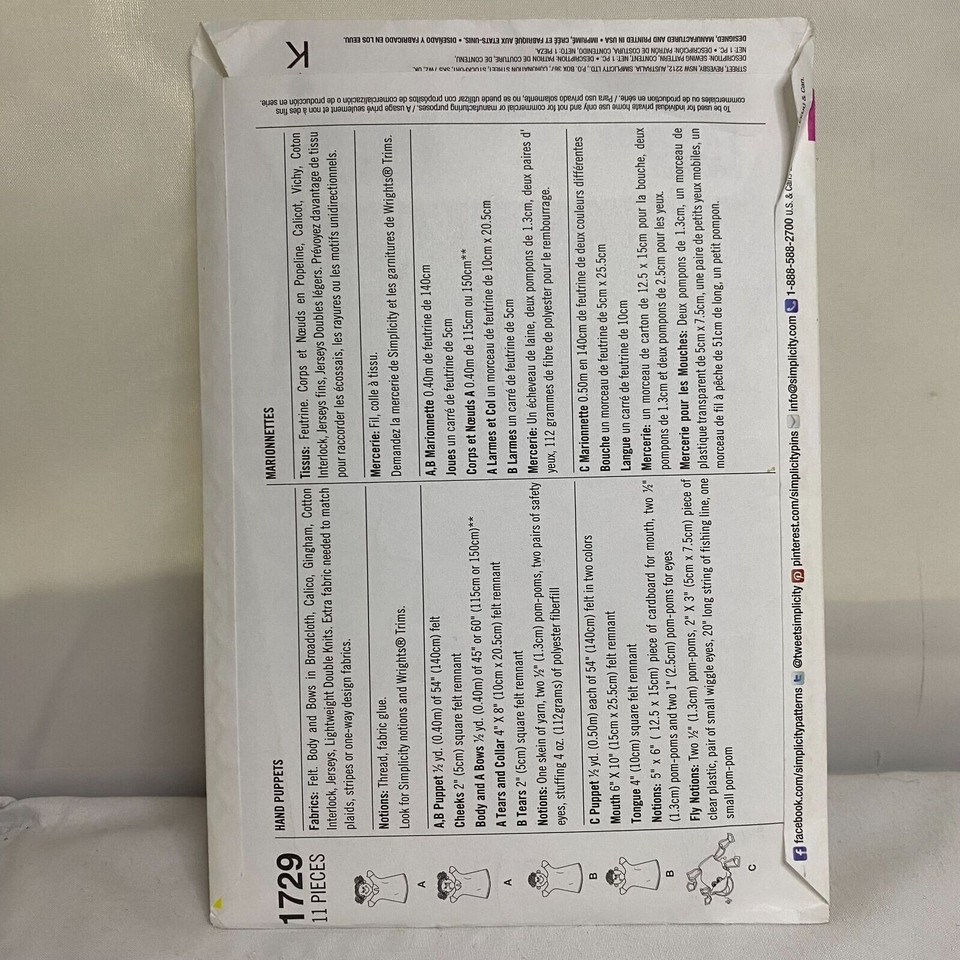 1729 Simplicity Hand Puppets Sewing Pattern eBay