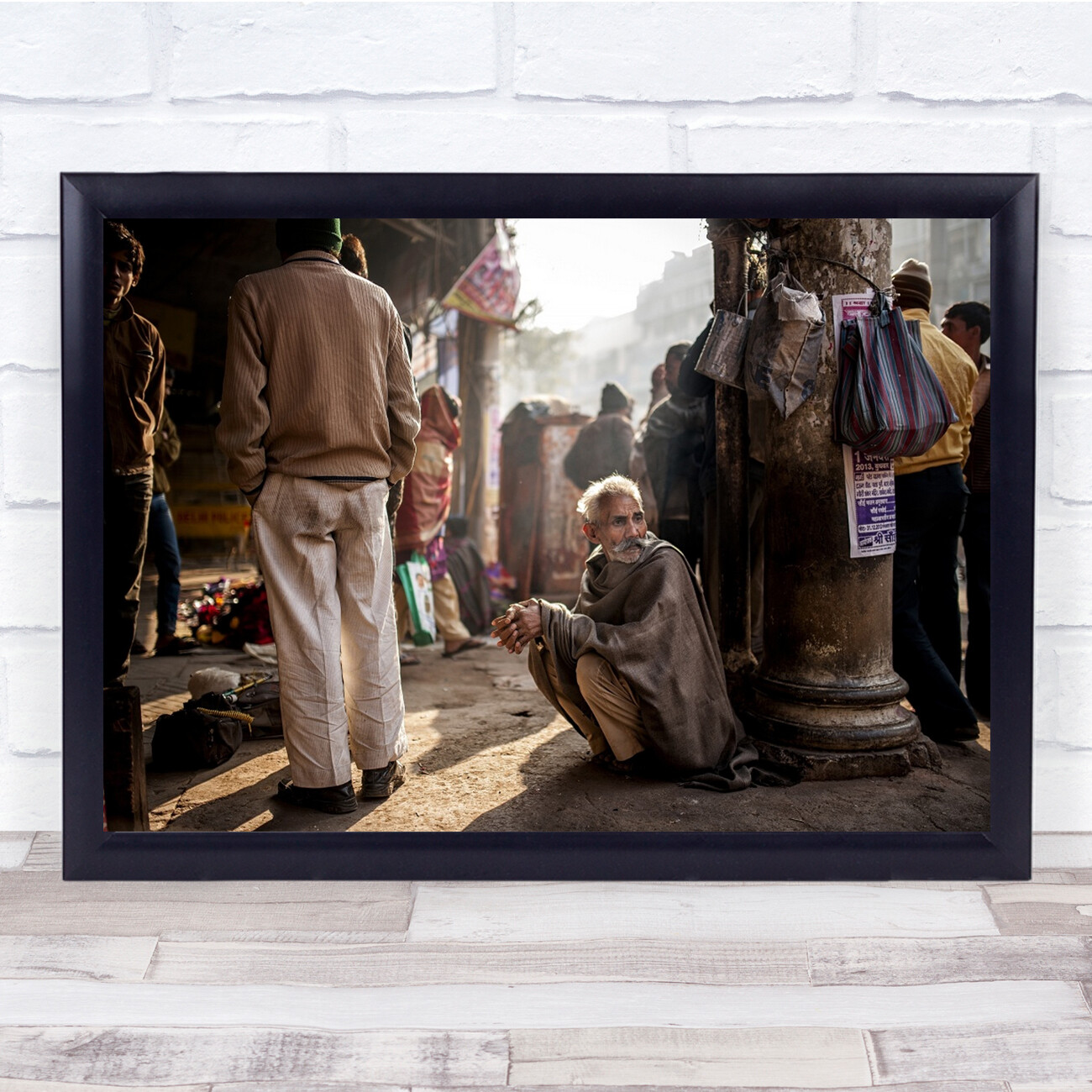 Street Sitting Bag Man Moustache People Shadow Look Beard Old Wall Art Print