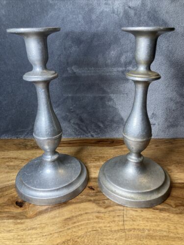 Vintage WILTON RWP Columbia PA 9" Pair PEWTER Candlestick Holders Taper Candle