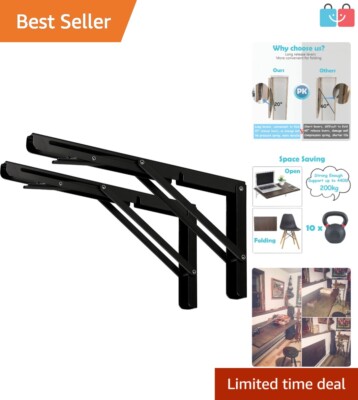 Essential 14'' Black Folding Shelf Brackets - Secure 440 lb Weight Limit, 2-Pack