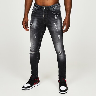 Alessandro Zavetti Jeans Stretch Slim Fit Denim Button Fly Ripped Jeans Black