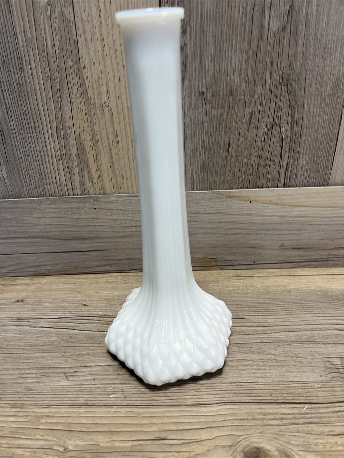 Vintage Hoosier Milk Glass Bud Flower Vase in Diamond Cut Quilt Pattern