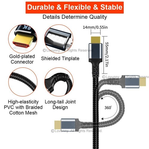 Premium HDMI Cable V2.1 Ultra HD 8K 2160p 3D High Speed Braided Ethernet HEC ARC - Picture 2 of 28