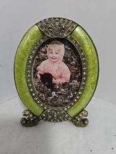 Green Enamel Brass Ornate Bejeweled Oval 3.5" X 2.5" Photo Picture Frame 