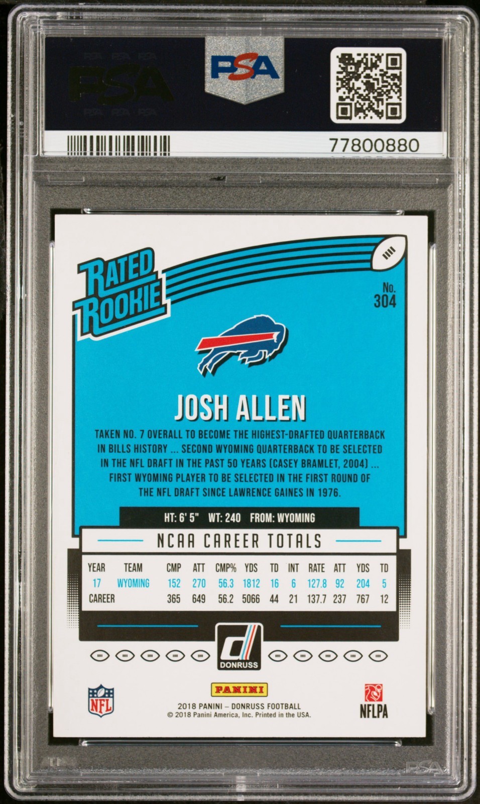2018 Panini Donruss Josh Allen Rated Rookie PSA 10 GEM MT Bills RC view 3