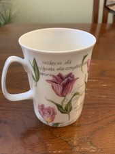 Rose of England Vintage Bone China Mug Pink Tulip Italian Script Made in UK 10cm