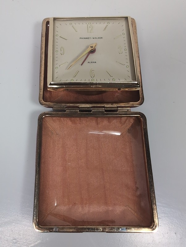 VTG Phinney Walker Travel Analog Alarm Clock Gold Tone Tan Folding Case Germany