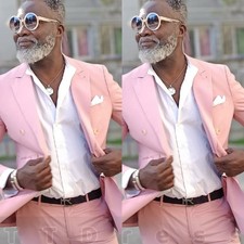2 Pcs Men Suits Wedding Groom Tuxedos Pink Double Breasted Blazer Trouser Set