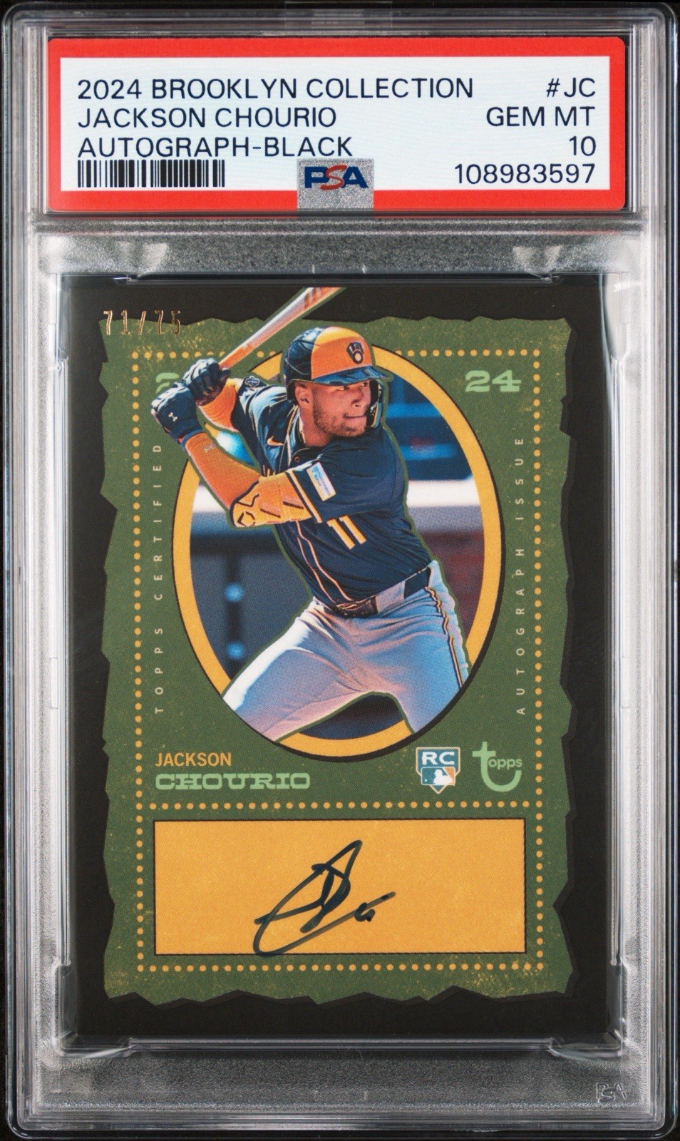 2024 Topps Brooklyn Collection Jackson Chourio Rookie Auto Black /75 PSA 10