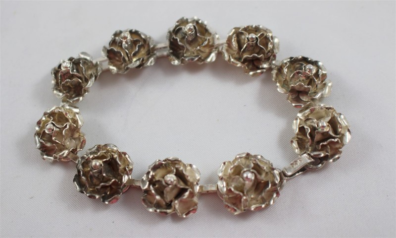 Taxco Mexico TB-51 Sterling Silver Floral Theme Roses Link 7.5" Bracelet