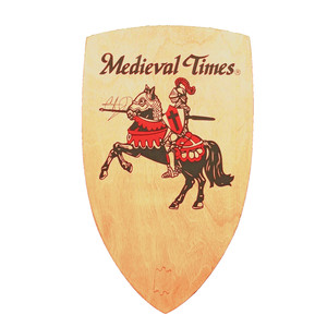 Signed Medieval Times Shield Large 25x15 Wood Red Black Knight Jousting Prop Vtg