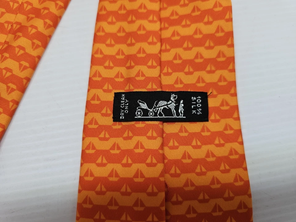 Corbata Hermes Paris 100% Seda Naranja Amarillo Patrón Velero Hecho en Francia Foto 4 de 4