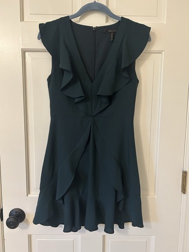 BCBGMAXAZRIA Women’s Green Solid V-Neck Cap Sleeve Ruffle Short Dress 2