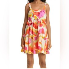 Farm Rio, Multicolor Abstract Print Tiered Mini Dress, Size XS | 0044