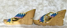 Fahrenheit Vintage Platform Wedge Sandals Size 10 Wooden Heel Multicolor Tribal