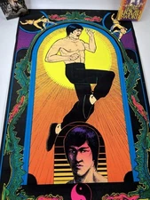 Vtg Bruce Lee Kung Fu Black Light Flocked Velvet Poster Dragons 1974 Pro Arts