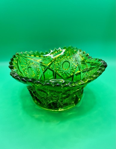 Vintage L.E. Smith Green💚Glass Candy Bowl Hobstar Pattern Sawtooth Rim Beaut - Picture 4 of 24