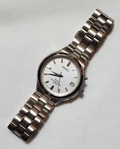 Seiko Dolce 72BB-0AK0 Radio Vague Contrôle Rond Argent Blanc Solar Montre Hommes - Photo 3 sur 9